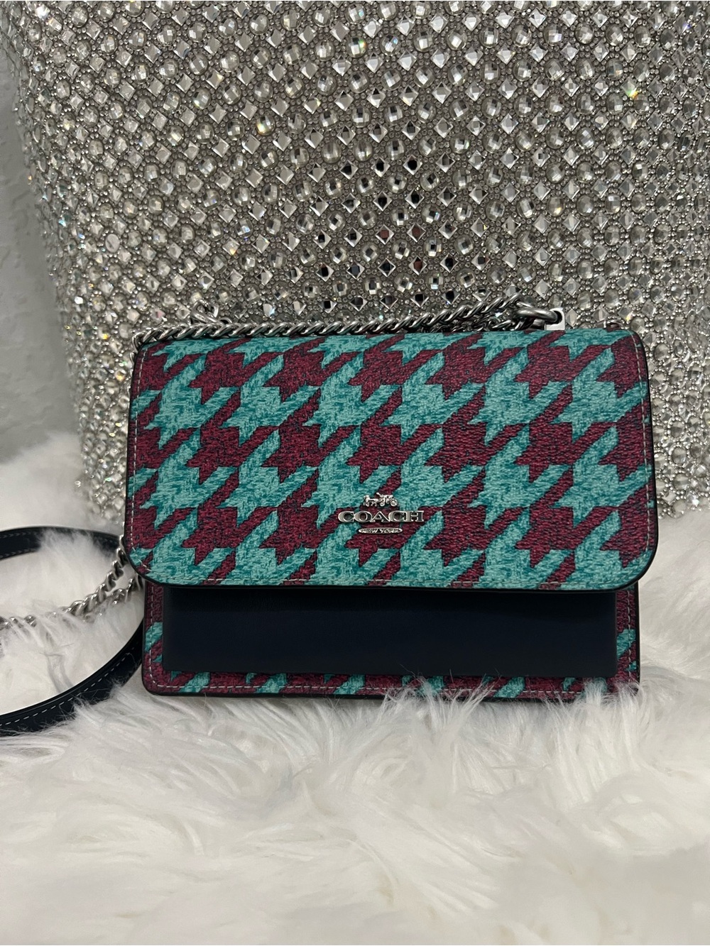 Coach Teal & Burgundy Houndstooth Crossbody Wallet